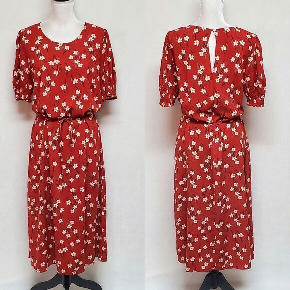 VINTAGE Red White Floral Boho Smocked Sleeve Keyhole Belted Maxi Dress Large - Picture 1 of 12